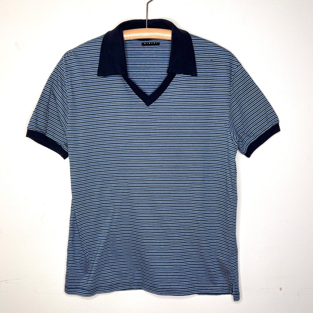Vintage Y2K SISLEY Mens Blue Striped Preppy Short Sleeve Polo Shirt XL‎ Cotton